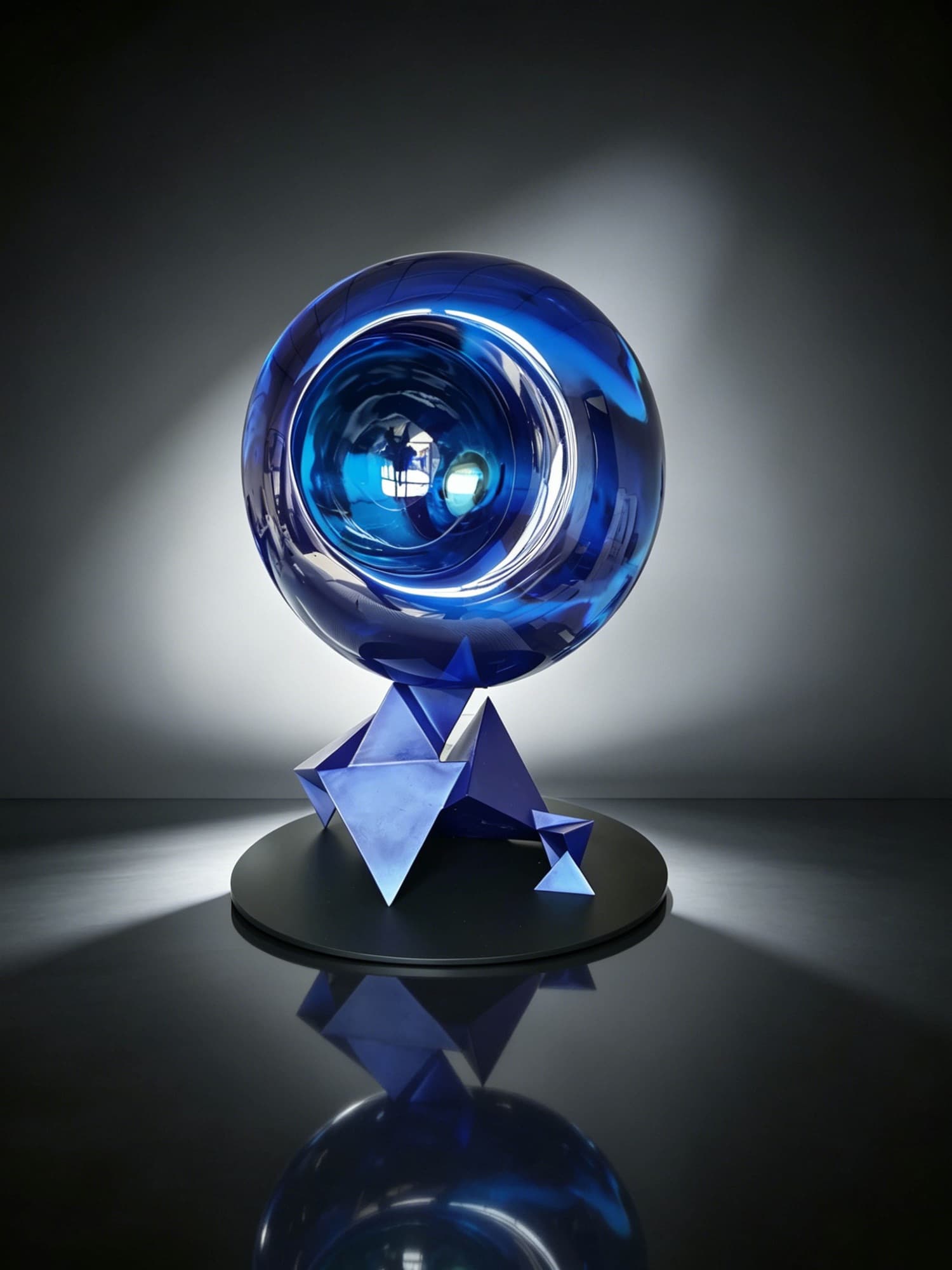 369 Nikola Tesla, blue glass-like sphere on a faceted base, studio photograph