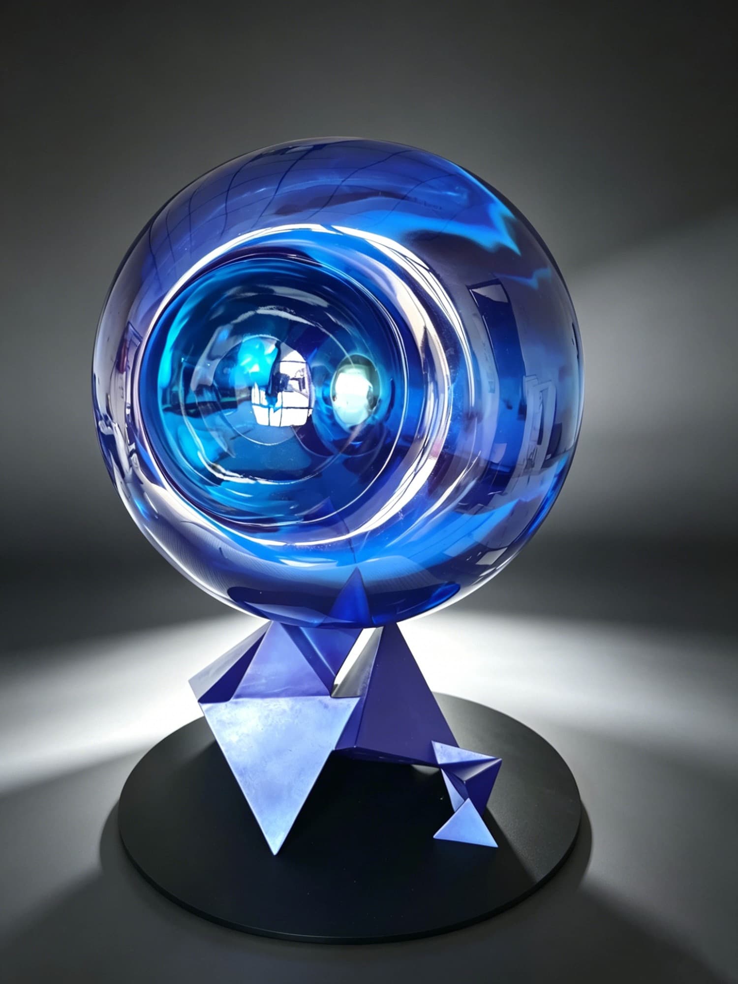 369 Nikola Tesla, close view of the blue sphere and base