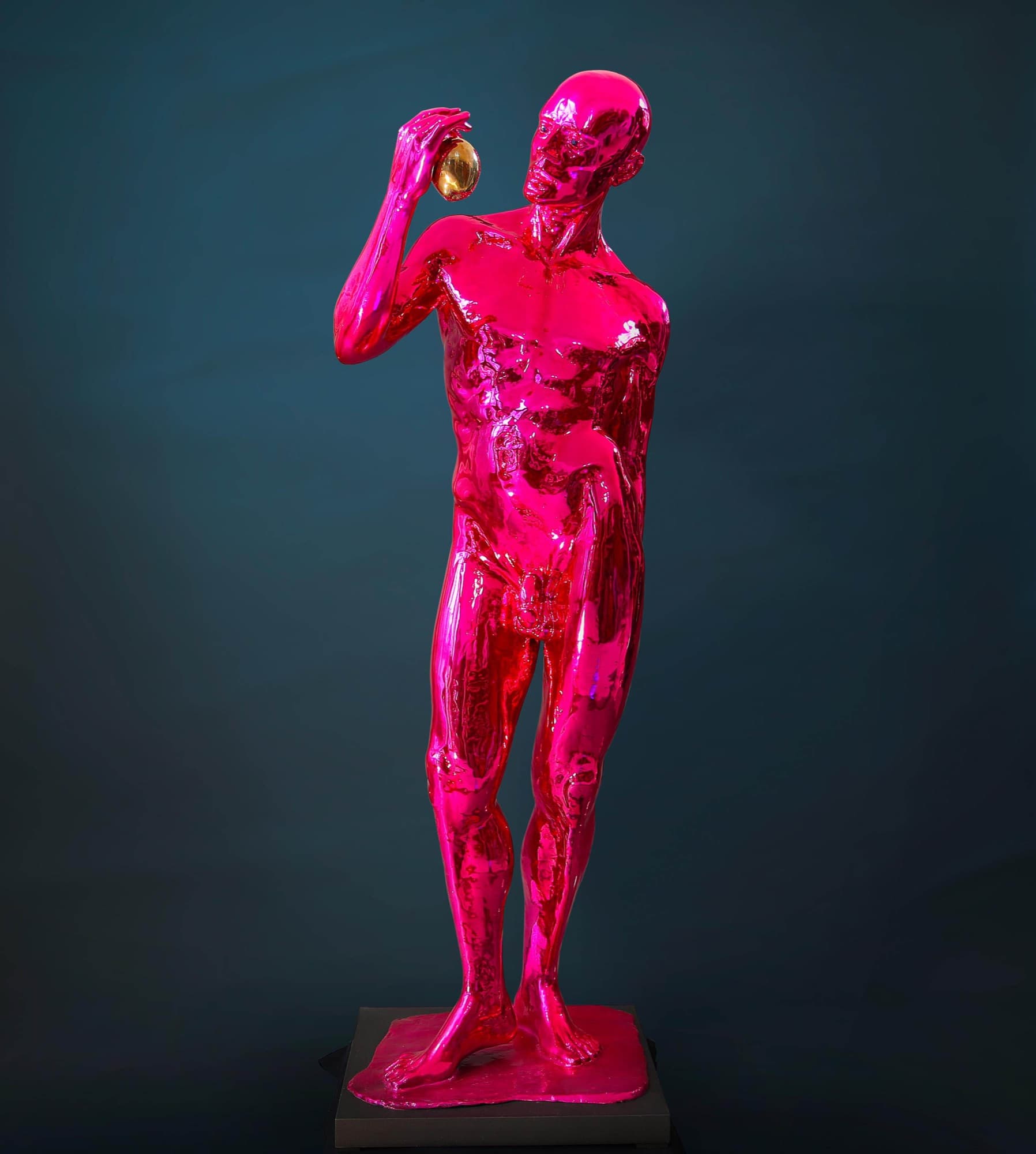 Adam – The Happy Prince, magenta mirror-finish standing male figure holding a golden apple, front view