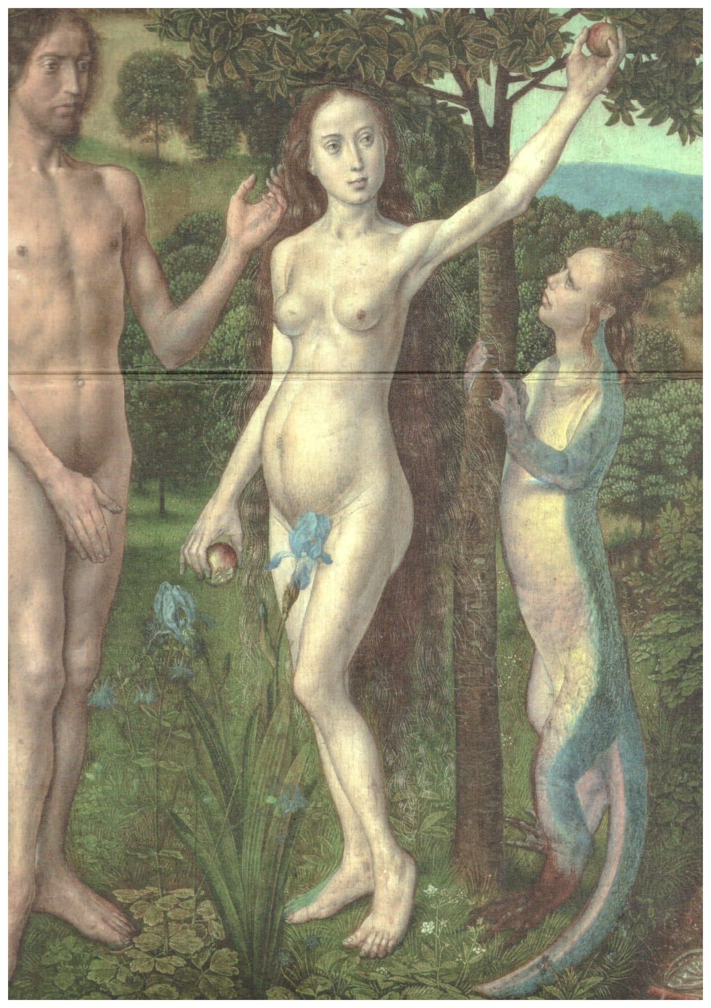 Hugo van der Goes, Prvotní hřích (kolem 1470–1475), Kunsthistorisches Museum, Vídeň – had s ženskou hlavou jako Lilit